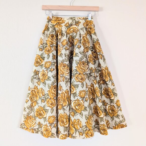 Beige A-Line Basque Waist Midi Skirt with Mustard Yellow Roses - Has Pockets XS - Picture 1 of 11